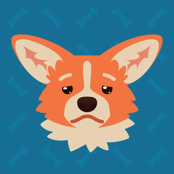 Cabeza emocional perro Corgi. Ilustración vectorial de perro lindo en estilo plano muestra la emoción deprimida. Emoji cansado. Icono sonriente. Chat, comunicación, impresión, pegatina. Objeto sobre fondo azul. Tristeza . — Vector de stock