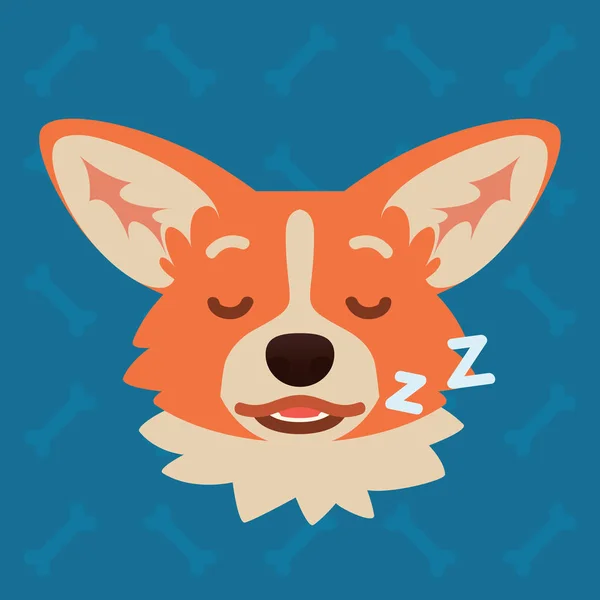 Corgi hund følelsesmæssige hoved. Vektor illustration af sød hund i flad stil viser søvnige følelser. Drøm emoji. Smiley ikon. Chat, kommunikation, print, klistermærke. Isoleret objekt på blå baggrund. Slap af. – Stock-vektor