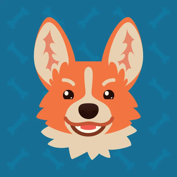 Cabeza emocional perro Corgi. Ilustración vectorial de perro lindo en estilo plano muestra la emoción tricku. Emoji malvado. Icono sonriente. Chat, comunicación, impresión, pegatina. Objeto aislado sobre fondo azul. Sonrisa. — Vector de stock