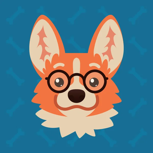Cabeza emocional perro Corgi con gafas. Ilustración vectorial de perro lindo en estilo plano muestra la emoción nerd. Emoji friki. Icono sonriente. Chat, comunicación, impresión, pegatina. Objeto sobre fondo azul . — Vector de stock