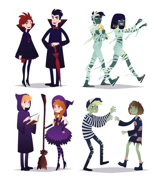 Genç kız tarzı farklı Halloween karakterler ve. Kostüm partisi. Vektör.
