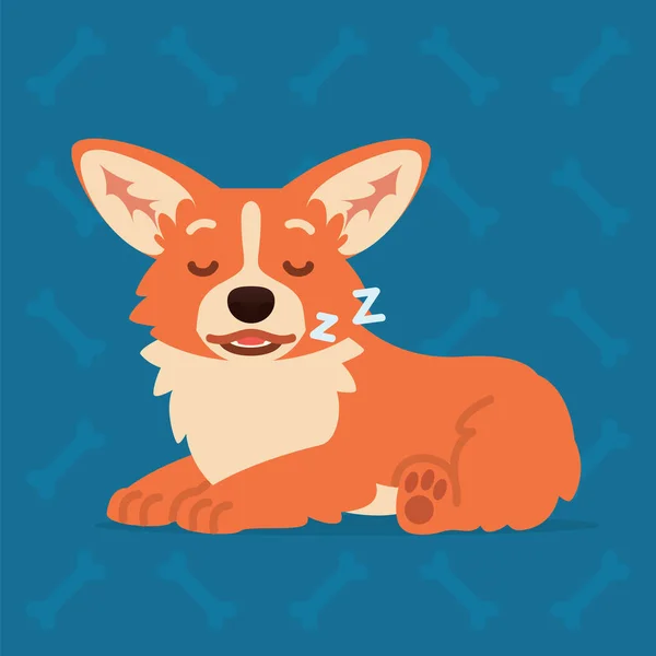 Cute Welsh Corgi culcă şi doarme. Element pentru design, imprimare, chat, autocolant. Emoji. Ilustrație vectorială a câinelui Corgi prezintă emoții relaxante în stil de desene animate plate pe fundal albastru. Emoticon — Vector de stoc