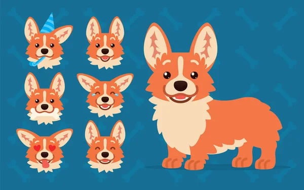 Şirin Galce Corgi Oluşturucu. Corgi köpek ayakta ve kafasını vektör çizimi farklı duygular mavi arka plan üzerinde düz çizgi film tarzı gösterir. Smiley. Tasarımınız için öğe. İfade.