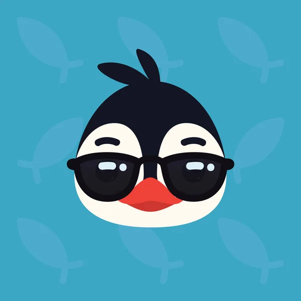 Penguin emotional head. Vector illustration of cute arctic bird in sunglasses shows emotion. Cool emoji. Smiley icon. Print, chat, communication. Penguin in flat cartoon style on blue background. — Stock Vector