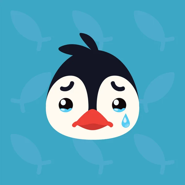 Cabeza emocional de pingüino. Ilustración vectorial de pájaro ártico lindo muestra emoción infeliz. Emoji llorón. Icono sonriente. Impresión, chat, comunicación. Pingüino en estilo plano de dibujos animados sobre fondo azul . — Archivo Imágenes Vectoriales