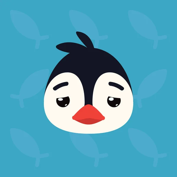 Penguin emocionální hlava. Vektorové ilustrace roztomilé polární ptáka ukazuje unavené emoce. Deprese emoji. Ikonu smajlíka. Tisk, chat, komunikace. Tučňák v ploché kreslený styl na modrém pozadí. — Stockový vektor