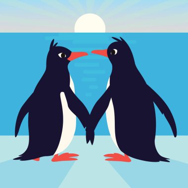 Sevimli penguenler aşık. Kanatlarını tutan ve birbirine bakarak kuş ailesi. Düz çizgi film tarzı arctic sunrise arka plan üzerinde renkli vektör çizim. Hayvan Çift.