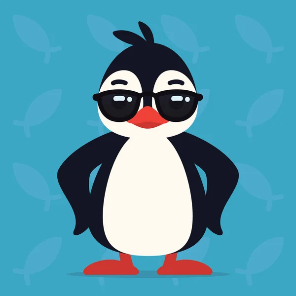 Cute penguin standing in cool pose. Vector illustration of arctic bird in sunglasses shows awesome emotion. Emoji. Smiley icon. Penguin in flat cartoon style on blue background. — Stock Vector