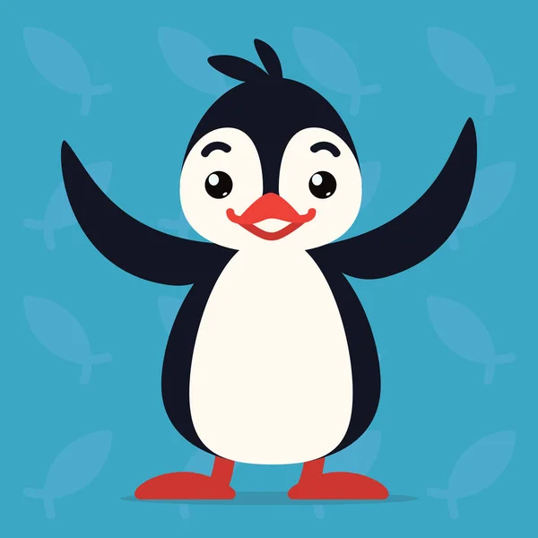 Милый пингвин стоит с поднятыми крыльями. Векторная иллюстрация арктической птицы показывает счастливые эмоции. Улыбнись смайлик. Улыбающаяся икона. Печать, чат, общение. Пингвин в плоском стиле мультфильма на синем фоне . — стоковый вектор