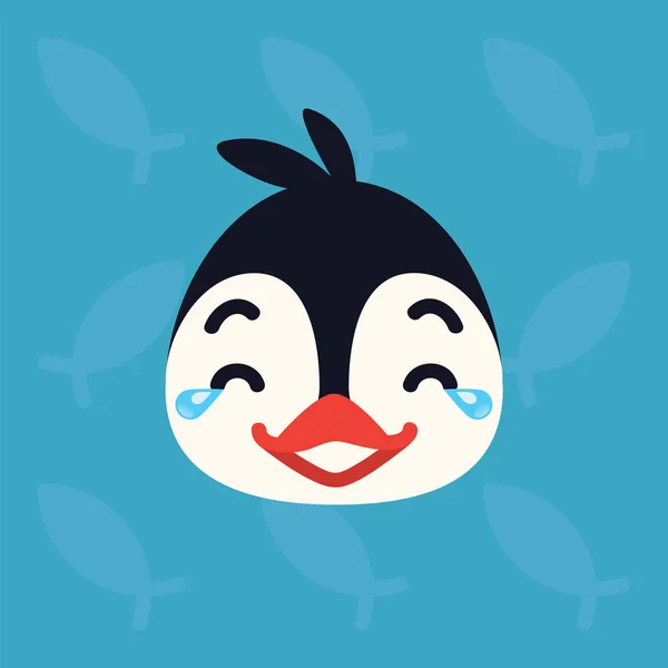 Pingvin känslomässiga huvud. Vektorillustration av söt arktiska fågel visar nicker med tårar känslor. Skratta högt emoji. Smiley-ikonen. Print, chatt. Pingvin i platta tecknad stil på blå bakgrund. — Stock vektor