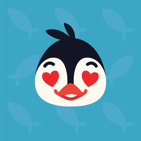 Tête émotionnelle de pingouin. L'illustration vectorielle d'un oiseau arctique mignon montre une émotion amoureuse. En amour emoji. Icône souriante. Imprimer, bavarder, communiquer. Pingouin dans le style de dessin animé plat sur fond bleu . — Image vectorielle