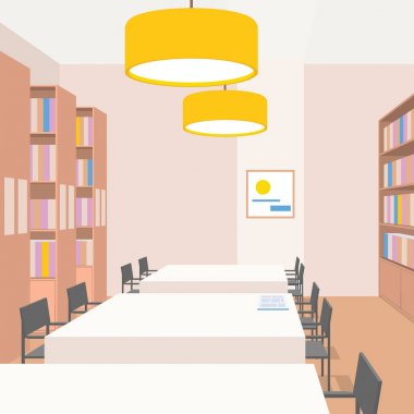 Masa, sandalye, kitaplık, ışıklar ile kütüphane iç. Perspektif Görünümü. Boş alanı. Okuma odası örnektir. Sıcak renkler. Bej, sarı, kahverengi. Sahne tasarımı için. Kare kompozisyon. Vektör.