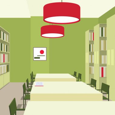Masa, sandalye, kitaplık, ışıklar ile kütüphane iç. Perspektif Görünümü. Boş alanı. Okuma odası örnektir. Yeşil temel ve parlak kırmızı accetns. Sahne tasarımı için. Kare kompozisyon. Vektör