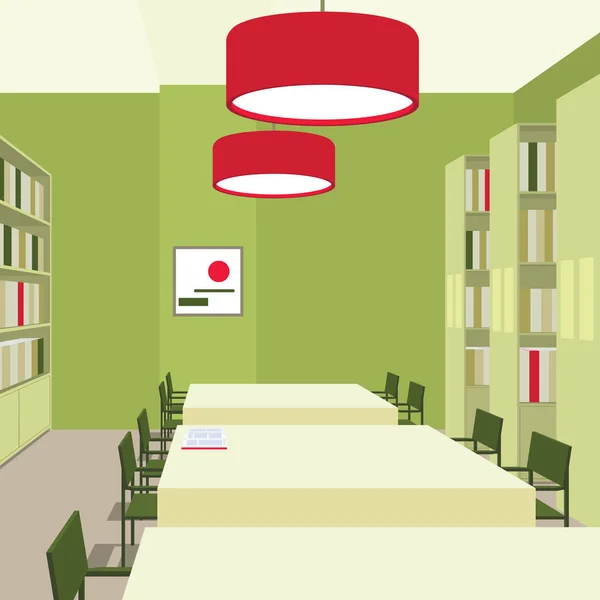 Library interior with tables, chairs, bookcases, lights. Perspective view. Empty space. Illustration of reading room. Green base and bright red accetns. Scene for design. Square composition. Vector