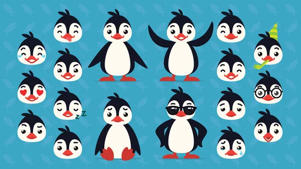 Roztomilý tučňák konstruktor. Vektorové ilustrace z arktických ptáků v různých pózách a jeho hlava ukazuje emoce. Smiley. Tisk, chat, komunikace. Tučňák v ploché kreslený styl na modrém pozadí. — Stockový vektor