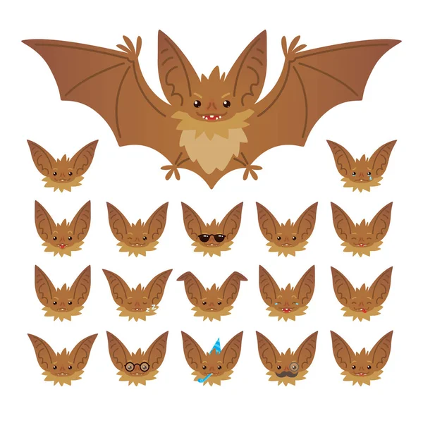 Hallowen emoticon tekenset. Vectorillustratie van het schattige vliegen bat vampire en het s bat-eared snuit met verschillende emoties in vlakke stijl. Emoticon collectie voor ontwerp, afdrukken, decoratie. — Stockvector