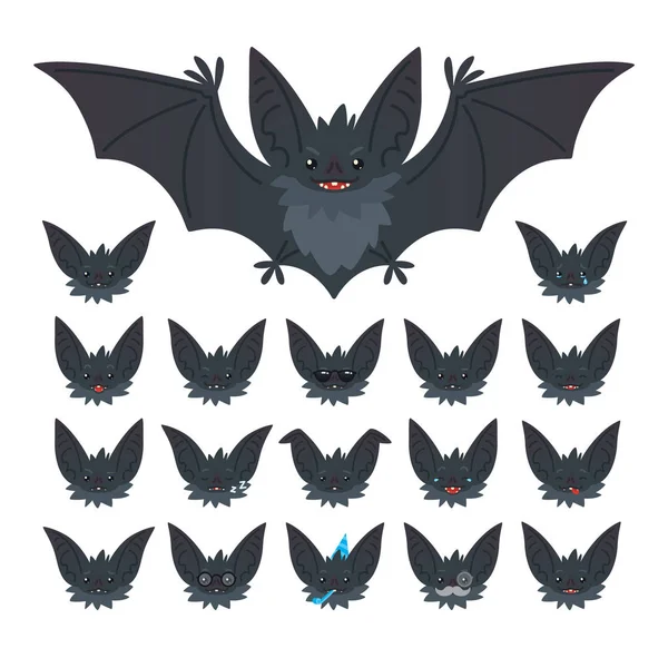 Hallowen character emoticon set. Vector illustration of cute flying grey bat vampire and it s bat-eared snout with different emotions in flat style. Emoticon collection for design, print, decoration. — Stock Vector