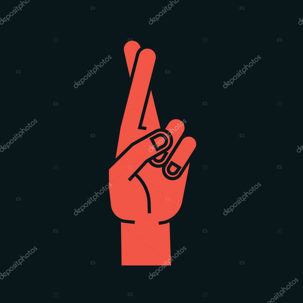 Gesture. Lucky sign. Stylized hand with two fingers crossed. Index finger in the front. Icon. Vector illustration on a dark background. Making promise signal by hand. Orange-red silhouette.