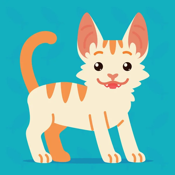 Frumoasă pisică în picioare. Ilustrație vectorială a unui pisoi fericit cu coadă pe fundal albastru. Emoji. Element pentru design, autocolante, chat. Pisică albă cu dungi portocalii într-un stil de desene animate plat . — Vector de stoc