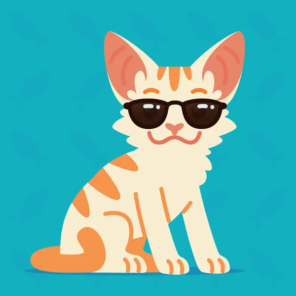 Lindo gato sentado. Ilustración vectorial de gatito fresco en gafas de sol sobre fondo azul. Emoji. Elemento para su diseño, impresión, pegatina, chat. Gato blanco con rayas naranjas en estilo plano de dibujos animados . — Vector de stock