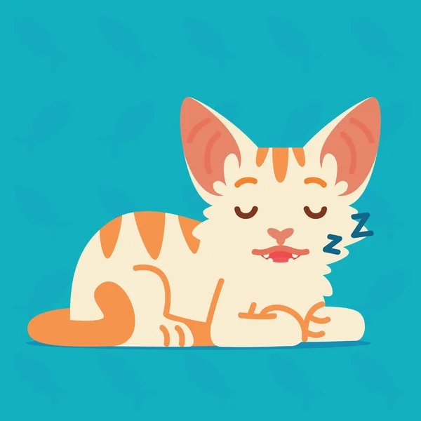 Drăguţ somn de pisică. Ilustrație vectorială a unui pisoi pe fundal albastru. Emoji. Element pentru design, imprimare, autocolante, chat. Pisică albă cu dungi portocalii într-un stil de desene animate plat . — Vector de stoc