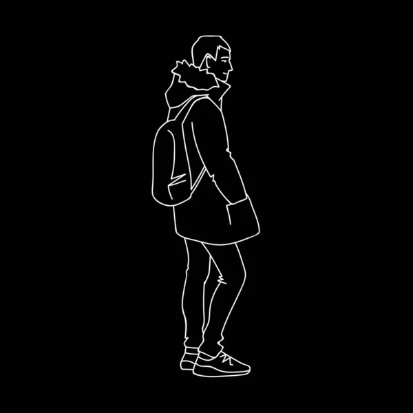 Homme en veste chaude, jean et baskets. Vue latérale. Illustration vectorielle monochrome de jeune homme avec sac à dos debout et souriant dans un style d'art linéaire simple. Lignes blanches dessinées à la main sur fond noir . — Image vectorielle