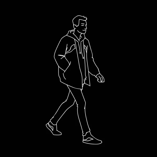 Jeune homme sportif se promenant. Vue latérale. Illustration vectorielle monochrome de l'homme vêtu d'une veste, d'un jean et de baskets marchant dans un style simple. Lignes blanches isolées sur fond noir. Concept — Image vectorielle