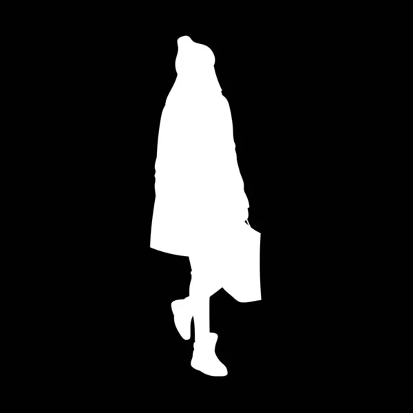 Девушка с длинными волосами в шапочке, плащ и шагающие кроссовки. Белый силуэт на черном фоне. Концепция. Векторная иллюстрация современной женщины с пакетом покупок. Трафарет. Монохромный минимализм . — стоковый вектор