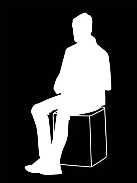 Homem sentado na caixa. Estêncil. Ilustração vetorial da silhueta branca do homem isolado sobre fundo preto. Conceito. minimalismo monocromático . — Vetor de Stock