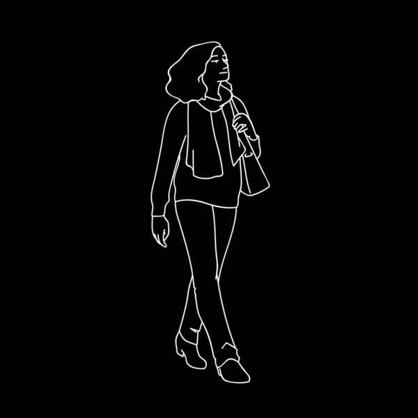 Mulher adulta com cabelo encaracolado dando um passeio, olhando para longe. Conceito. Ilustração vetorial de mulher em desgaste casual e cachecol andando em algum lugar sozinho. Linhas brancas isoladas em fundo preto . — Vetor de Stock