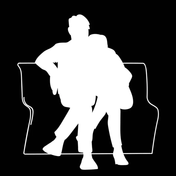 Um casal sentado num banco. Estêncil. Ilustração vetorial de silhueta branca de homem abraçando mulher isolada em fundo preto. Conceito. minimalismo monocromático — Vetor de Stock