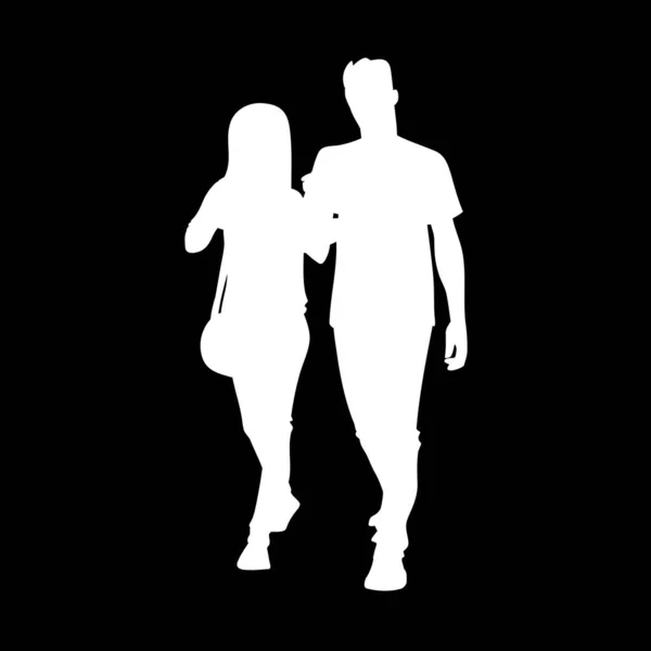 Vysoký sportovec a žena spolu chodí na procházku. Bílá silueta izolovaná na černém pozadí. Přední pohled. Monochromní vektorová ilustrace dvou kráčejících mladých lidí. Koncept. — Stockový vektor