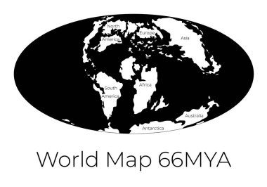 66mya Dünya Haritası. Beyaz kıtaları ve siyah okyanusları beyaz zemin üzerinde izole edilmiş dünya haritasının tek renkli vektör çizimi. Tarih öncesi projeksiyon. Siluet. Tasarımınız için element.