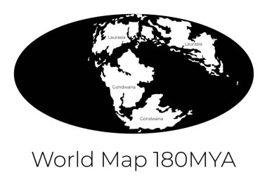 Dünyanın 180mya haritası. Beyaz kıtaları ve siyah okyanusları beyaz zemin üzerinde izole edilmiş dünya haritasının tek renkli vektör çizimi. Tarih öncesi projeksiyon. Siluet. Tasarımınız için element.