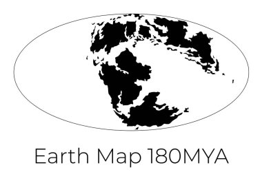 Dünya haritasının silueti 180mya. Siyah kıtalar ve beyaz arka planda izole edilmiş beyaz okyanuslarla Dünya haritasının tek renkli vektör çizimi. Projeksiyon. Tarih öncesi dünya haritası.