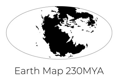 Dünya haritasının silueti 230 mya. Siyah kıtalar ve beyaz arka planda izole edilmiş beyaz okyanuslarla Dünya haritasının tek renkli vektör çizimi. Projeksiyon. Tarih öncesi dünya haritası.