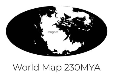 230 mya Dünya Haritası. Beyaz kıtaları ve siyah okyanusları beyaz zemin üzerinde izole edilmiş dünya haritasının tek renkli vektör çizimi. Tarih öncesi projeksiyon. Siluet. Tasarımınız için element.