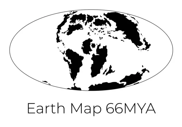 Silueta mapy Země 66mya. Monochromatické vektorové znázornění mapy Země s černými kontinenty a bílými oceány izolovanými na bílém pozadí. Projekce. Prehistorická mapa světa. — Stockový vektor