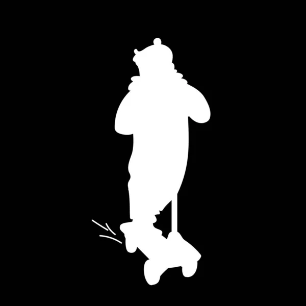 Girl in jumpsuit riding a scooter. White silhouette isolated on black background. Front view. Monochrome vector illustration of little girl on a scooter. Concept. — 스톡 벡터