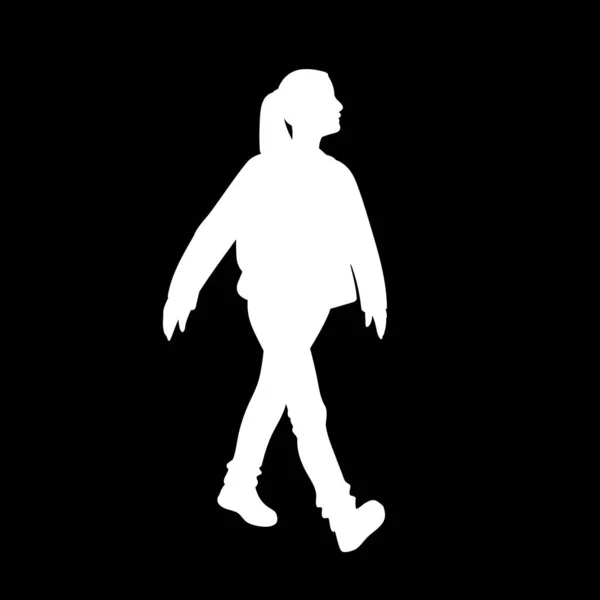 Una chica dando un paseo. Silueta blanca aislada sobre fondo negro. Concepto. Ilustración vectorial de chica en ropa de calle que va a dar un paseo. Stencil. Minimalismo monocromático . — Vector de stock