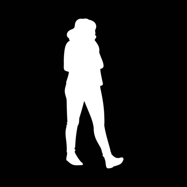 Dívka s kudrnatými vlasy, dívá se jinam. Bílá silueta izolovaná na černém pozadí. Koncept. Vektorová ilustrace dívky v kalhotách a botách na procházce. Vzorník. Monochromatický minimalismus. — Stockový vektor