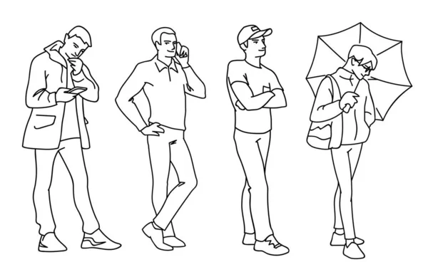 Набор молодых и взрослых мужчин, стоящих. Монохромная векторная иллюстрация мужчин в разных позах в простом стиле линейного искусства. Ручной рисунок. Черные линии изолированы на белом фоне. Вид спереди . — стоковый вектор