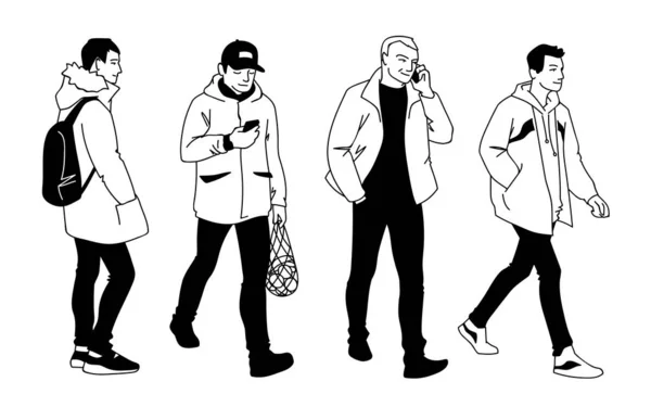 Homens em poses diferentes. Ilustração vetorial monocromática do conjunto de homens jovens e adultos de pé e andando em estilo de arte de linha simples. Desenho desenhado à mão isolado sobre fundo branco . — Vetor de Stock