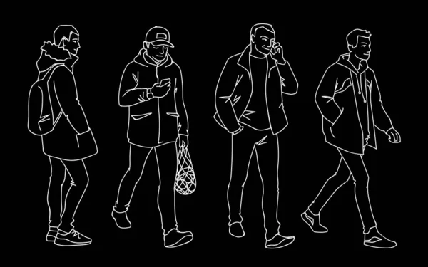 Ensemble d'hommes jeunes et adultes debout et marchant. Illustration vectorielle monochrome d'hommes dans différentes poses dans un style d'art linéaire simple. Croquis dessiné à la main. Lignes blanches isolées sur fond noir . — Image vectorielle