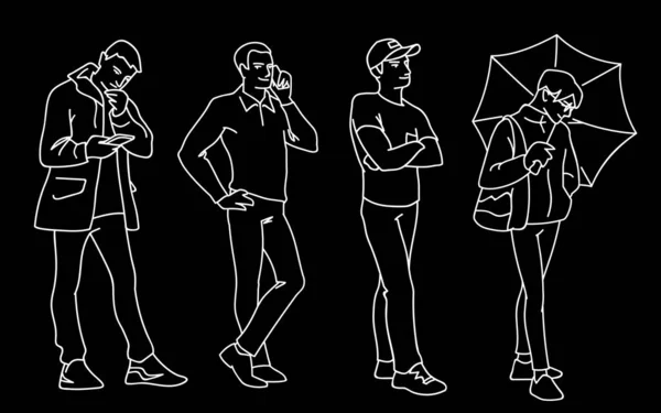 Набор молодых и взрослых мужчин, стоящих. Монохромная векторная иллюстрация мужчин в разных позах в простом стиле линейного искусства. Ручной рисунок. Белые линии изолированы на черном фоне. Вид спереди . — стоковый вектор