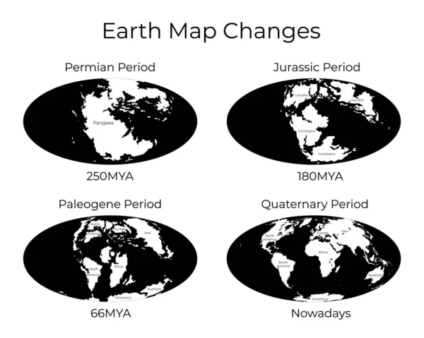 Monochromatický vektorový ilustrace Worldmap s názvy kontinentů izolovaných na pozadí. Mapa světa a změny v různých geologických obdobích. 250mya, 180mya, 66mya a dnešní projekce — Stockový vektor