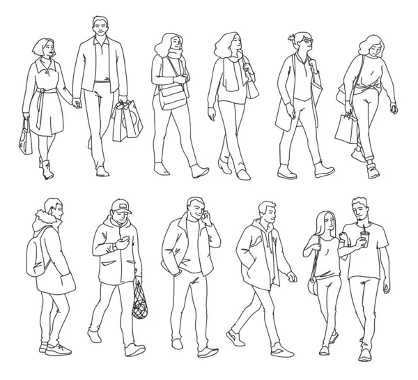 Grupa mężczyzn i kobiet stojących i chodzących. Monochromatyczna ilustracja wektorowa ludzi w różnych pozach w prostym stylu sztuki liniowej. Ręcznie rysowany szkic. Czarne linie izolowane na białym tle. — Wektor stockowy