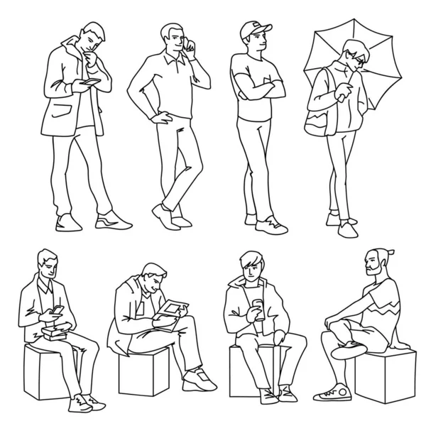Conjunto de hombres jóvenes y adultos de pie y sentado. Ilustración vectorial monocromática de hombres en diferentes poses en estilo de arte de línea simple. Dibujo dibujado a mano. Líneas negras aisladas sobre fondo blanco . — Vector de stock