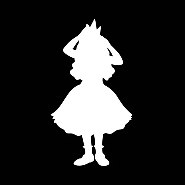 Little girl in festive dress corrects crown. White silhouette isolated on black background. Concept. Vector illustration of little princess. Stencil. Monochrome minimalism. — Stock vektor