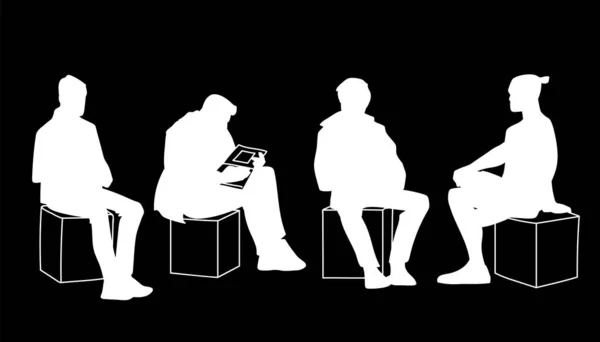 Mężczyźni siedzący w różnych pozach. Szablon. Wektorowa ilustracja białych sylwetek różnych mężczyzn siedzących na pudełkach odizolowanych na czarnym tle. Monochromatyczny minimalizm. Pojęcie. — Wektor stockowy